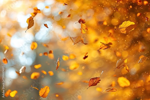 Golden leaves falling from trees in the crisp air of autumn, A picturesque scene of golden leaves cascading from trees against the backdrop of crisp autumn air