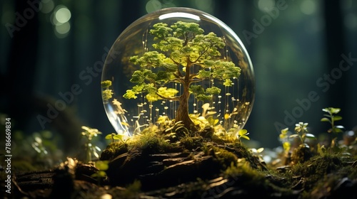 Rewilding the city concept. Crystal ball showing a green, nature reclaims. photo