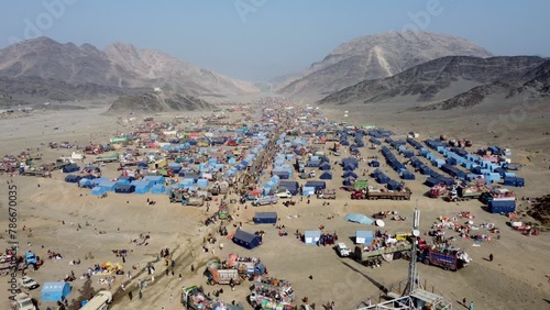 Aerial view of a  refugee camp in Torkham, Afghanistan, for Afghans who have come from Pakistan, Torkham, Nangarhar, Afghanistan - 07.11.2023
 photo