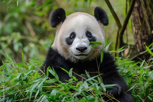 Iconic and endangered giant pandas in bamboo forests  Majestic and endangered giants  pandas roam amidst lush bamboo forests