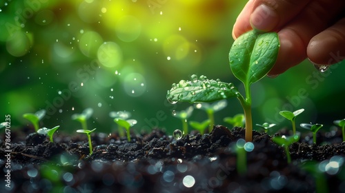 Person watering a small terrestrial plant in the soil photo