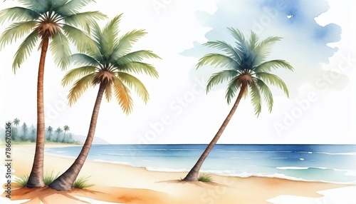 Illustration of palm trees on the beach with ocean sea  watercolor painting of palm trees isolated on white background created with generative ai