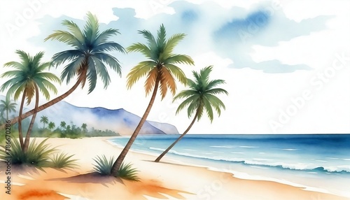 Illustration of palm trees on the beach with ocean sea  watercolor painting of palm trees isolated on white background created with generative ai