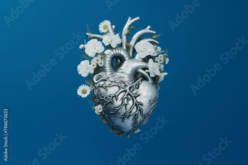 Silver heart made of flowers, blue background, minimal concept