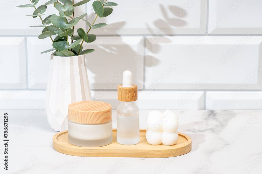 Eucalyptus inspired cosmetic products on white background Eucalyptus inspired cosmetic products on white background