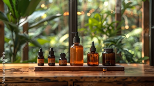 On a wood table  there are hair care products