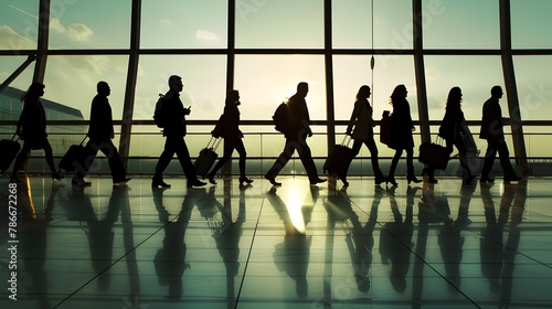 Silhouetted Business Commuters Walking Through Corporate Airport Terminal During Rush Hour