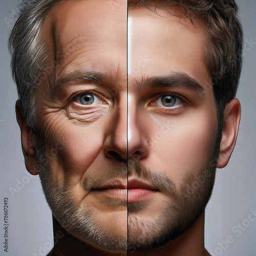 Two halves of a face with an old and a young half. Comparing old and young. Anti-aging. Life extension. Biological clock. Reversal of aging. Biological immortality. Anti-ageing. Generative AI