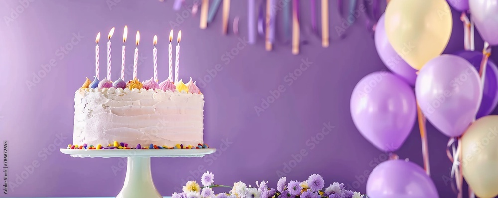 Lilac birthday party backgrounds, birthday cake with lighted candles, balloons aside, decorated celebration light purple background with copy space, for greeting cards, banners, and birthday wallpaper - obrazy, fototapety, plakaty 