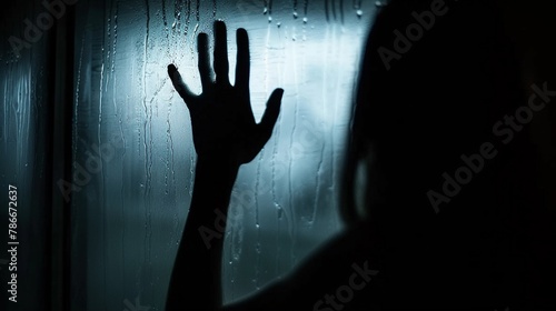 Silhouette of a lonely sad woman touching wet glass window, young woman silhouette reaching out in blue dark backgrounds.