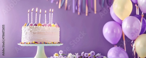 Lilac birthday party backgrounds, birthday cake with lighted candles, balloons aside, decorated celebration light purple background with copy space, for greeting cards, banners, and birthday wallpaper © JW Studio
