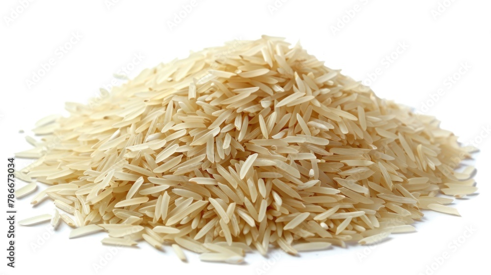 A pile of rice on a white surface, suitable for food and nutrition concepts