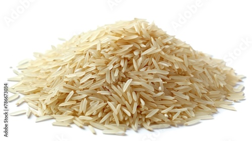 A pile of rice on a white surface, suitable for food and nutrition concepts