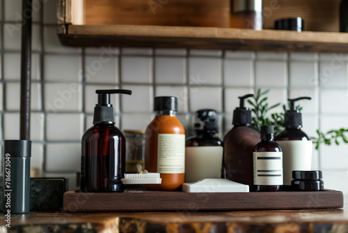 Close-up of men's grooming products neatly arranged on a wooden shelf