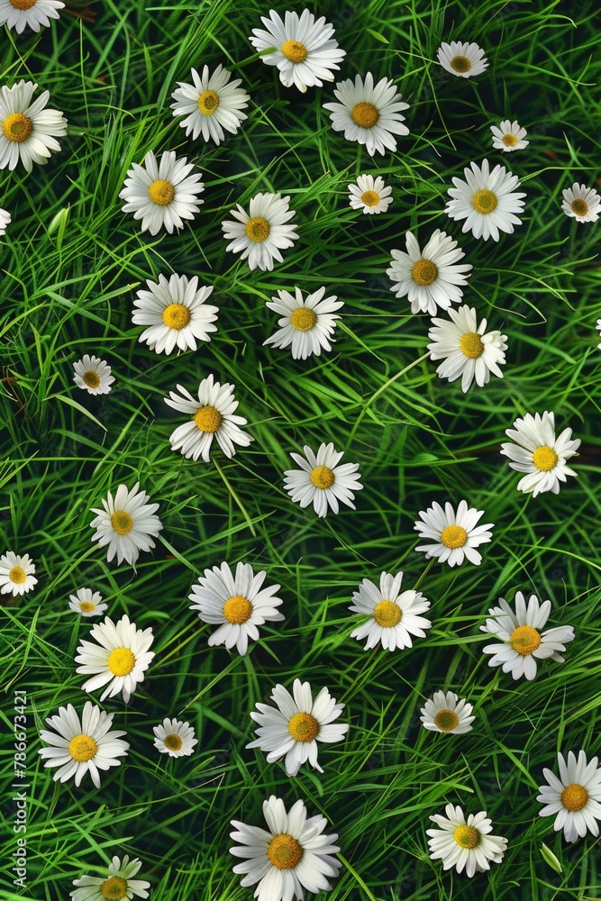 Fototapeta premium White daisies blooming in green grass, suitable for nature and gardening themes