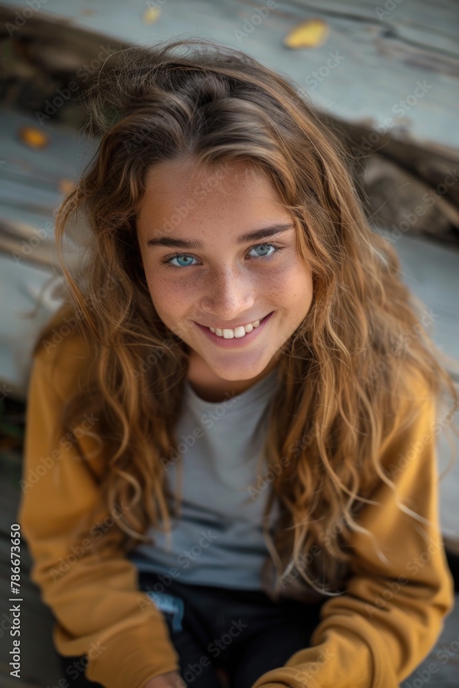 A young girl sitting on a wooden bench, suitable for lifestyle and relaxation concepts A young girl sitting on a wooden bench, suitable for lifestyle and relaxation concepts