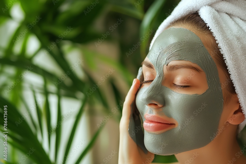 Close-up of a serene woman with a detoxifying clay mask applied to her face, embodying self-care Close-up of a serene woman with a detoxifying clay mask applied to her face, embodying self-care