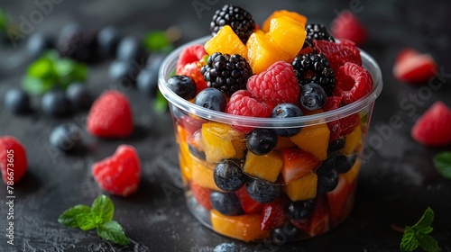 A fruit salad with a takeaway cup on a white background photo