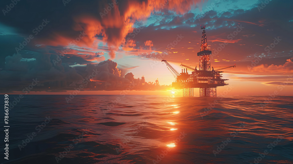 Offshore oil rig drilling platform at sunset. Oil and gas platforms north sea Offshore oil rig drilling platform at sunset. Oil and gas platforms north sea