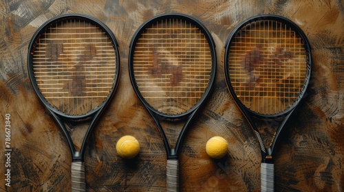 Tennis racquets and tennis balls on clay court photo