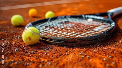 A tennis court with clay racquets and tennis balls