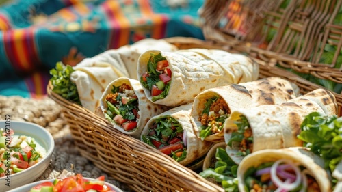 picnic scene on a sunny day, with a basket filled with lavash sandwiches rolled around a variety of fillings, from hummus and tabbouleh to spicy meats