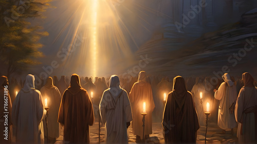 An image of believers on a pilgrimage, guided by a radiant light representing the spiritual journey towards Christ and divine enlightenment - AI photo