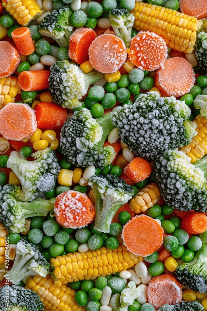 A variety of fresh vegetables including broccoli, carrots, peas, and corn. Ideal for healthy eating concept