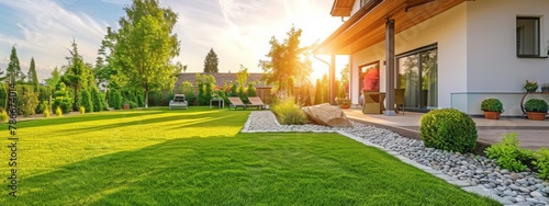 Garden home with green grass turf for lawn landscaping Copy space image Place for adding text or design photo