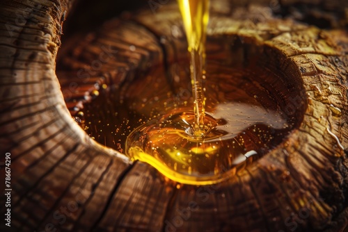 Close up of liquid pouring out of a tree stump, perfect for nature or environmental concepts