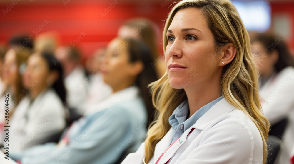 Focused Female Medical Professional Attending
Conference, Healthcare Education, Blurred Audience in Background