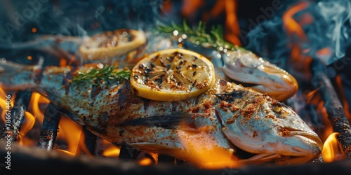 A close up of a fish cooking on a grill. Great for food and cooking concepts