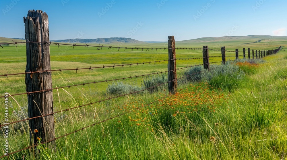 A picturesque meadow blooms with colorful wildflowers, framed by a rustic barbed wire fence under a clear blue sky.