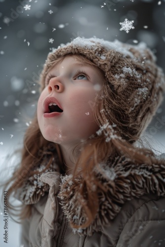 A young girl blowing snow in the air, perfect for winter-themed projects