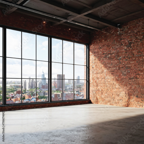 Side view of empty red brick interior with concrete floor and panoramic windows with city view and sunlight. Real estate concept. 3D Rendering
