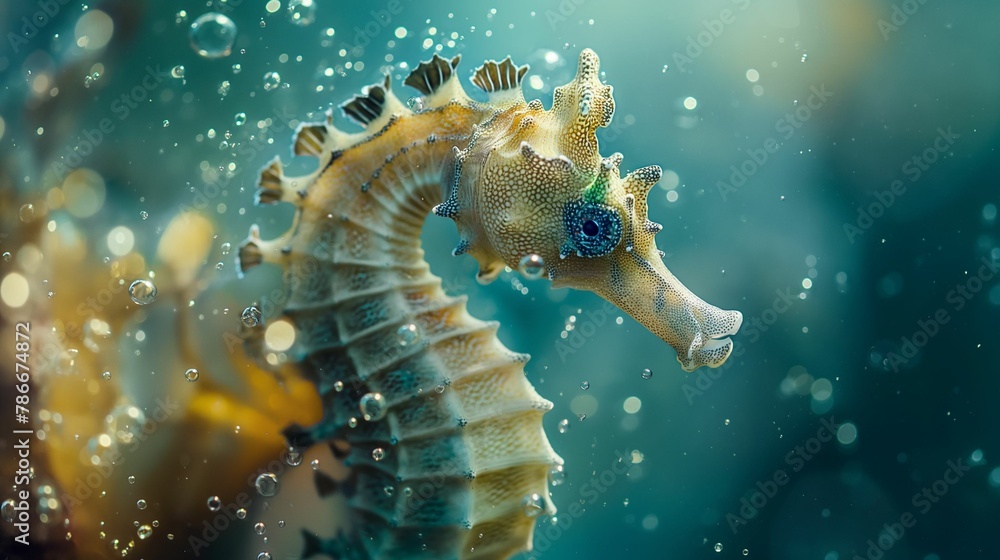 A delicate seahorse hovers in a serene blue ocean. A delicate seahorse hovers in a serene blue ocean.