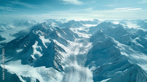 Breathtaking aerial view of a vast snow-covered mountain range under a clear sky, showcasing nature's grandeur.