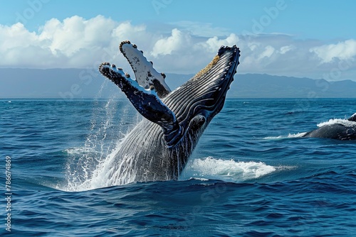 Magnificent humpback whales breaching in open seas, Marvel at the awe-inspiring sight of humpback whales as they breach the surface of the open seas