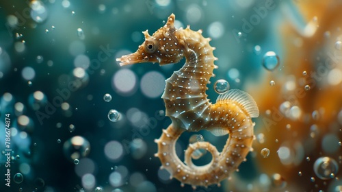 A delicate seahorse hovers in a serene blue ocean.