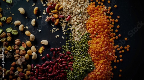 A variety of nuts and seeds on a black surface. Suitable for healthy eating concept