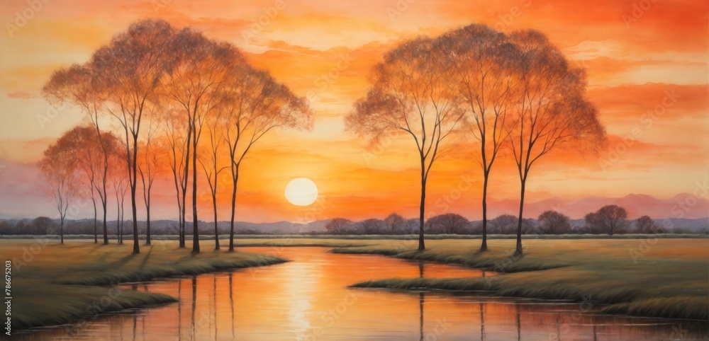Sunset over the river, watercolor
