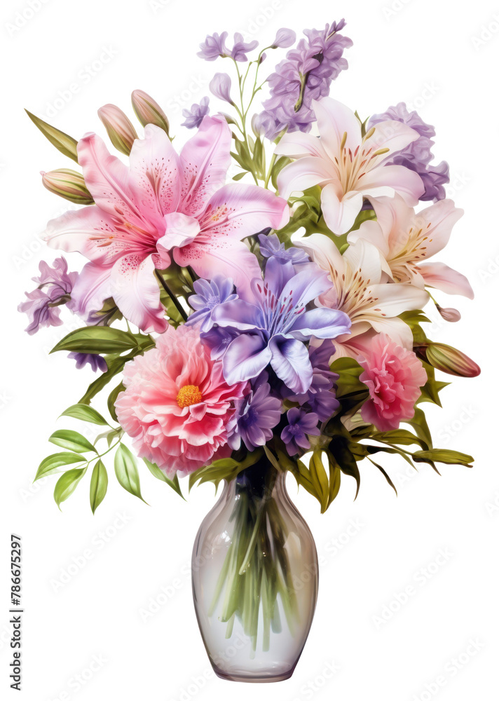 Obraz premium PNG A bouquet of different flowers plant vase white background