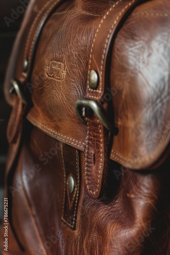 Detailed view of a brown leather bag, versatile for various projects