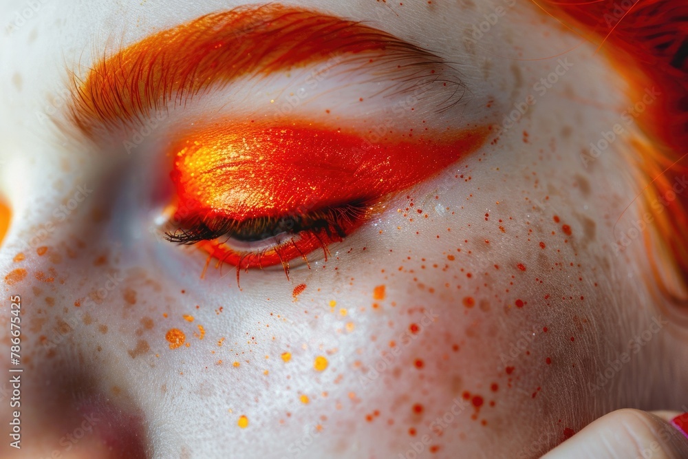 Fototapeta premium Close up of a woman's face with vibrant red and orange makeup. Suitable for beauty and fashion concepts