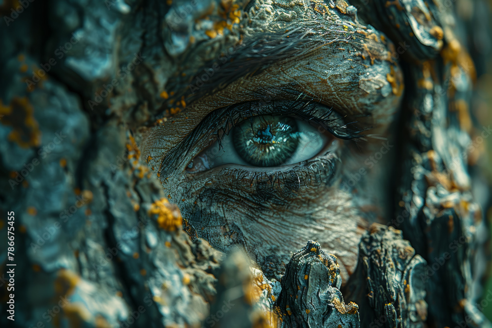 A towering tree with eyes embedded in its trunk, observing the forest with an otherworldly gaze. Concept of sentient flora. Generative Ai. A towering tree with eyes embedded in its trunk, observing the forest with an otherworldly gaze. Concept of sentient flora. Generative Ai.