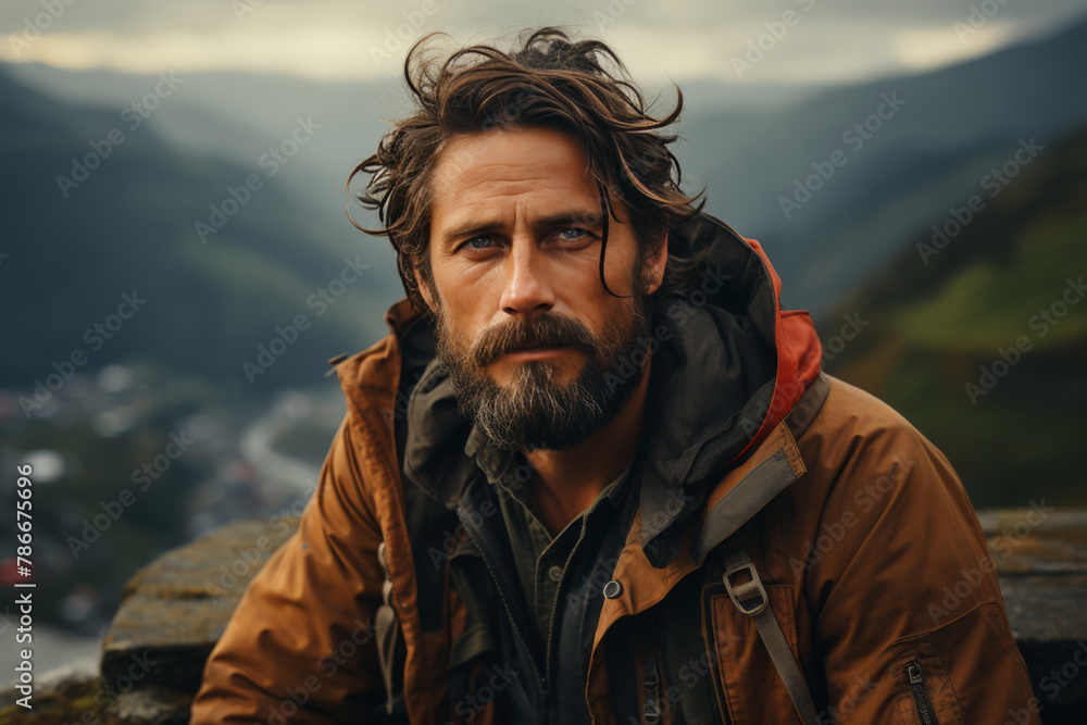 Rugged adventurer resting against mountain backdrop Rugged adventurer resting against mountain backdrop