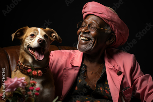 Happy dog sitting next to stylish person in pink jacket © arthurhidden