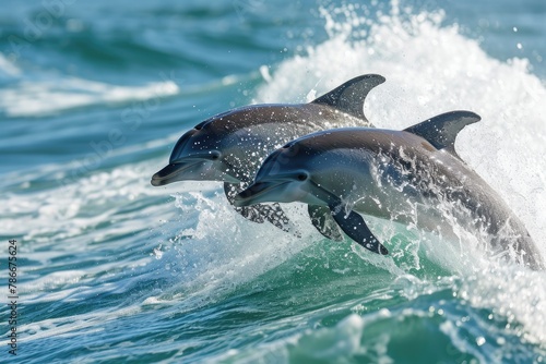Playful and acrobatic dolphins frolicking in the surf, Witness the joyful spectacle of dolphins as they leap and somersault through the ocean waves