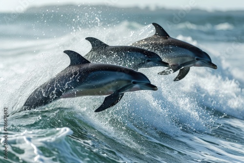 Playful dolphins leaping through ocean waves, Experience the sheer delight of watching dolphins as they joyfully leap and play in the ocean's embrace © SaroStock