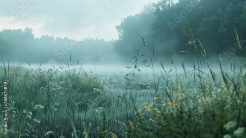 A serene landscape with fog covering a field of tall grass and trees. Suitable for nature and outdoor themes